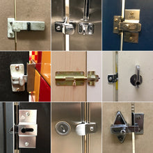 Load image into Gallery viewer, Variety of some of the toilet partition locks with which the Stall Rescue Tool® can be used; shown in square photo collage form